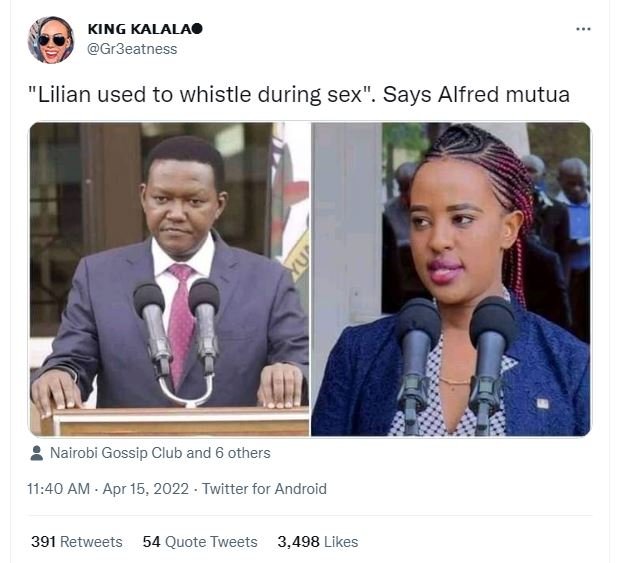 King kalalao gr3eatness lilian used to whistle during sex . says alfred mutua na