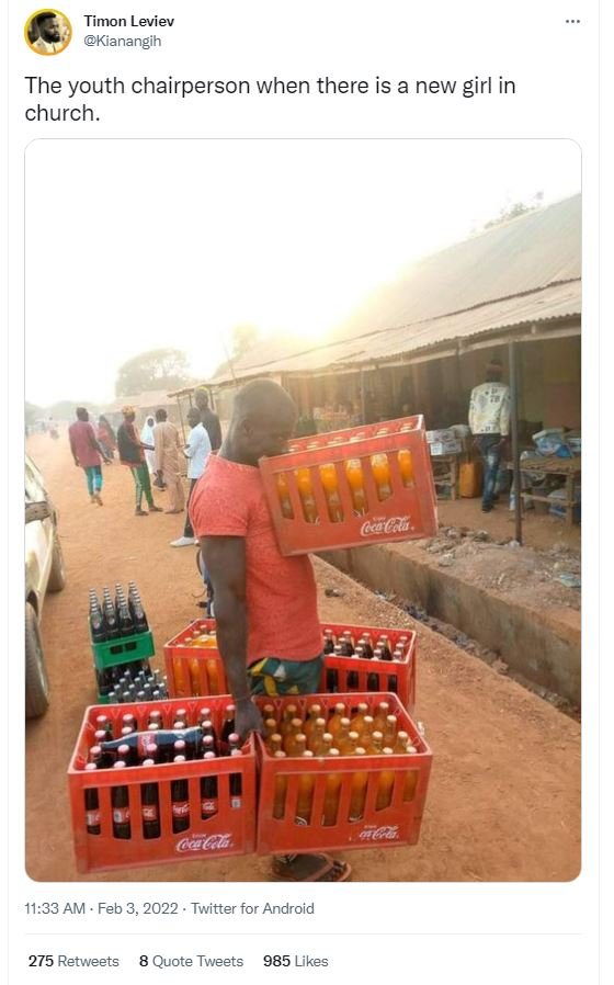 Timon Leviev Kianangih The youth chairperson when there is a new girl in church.