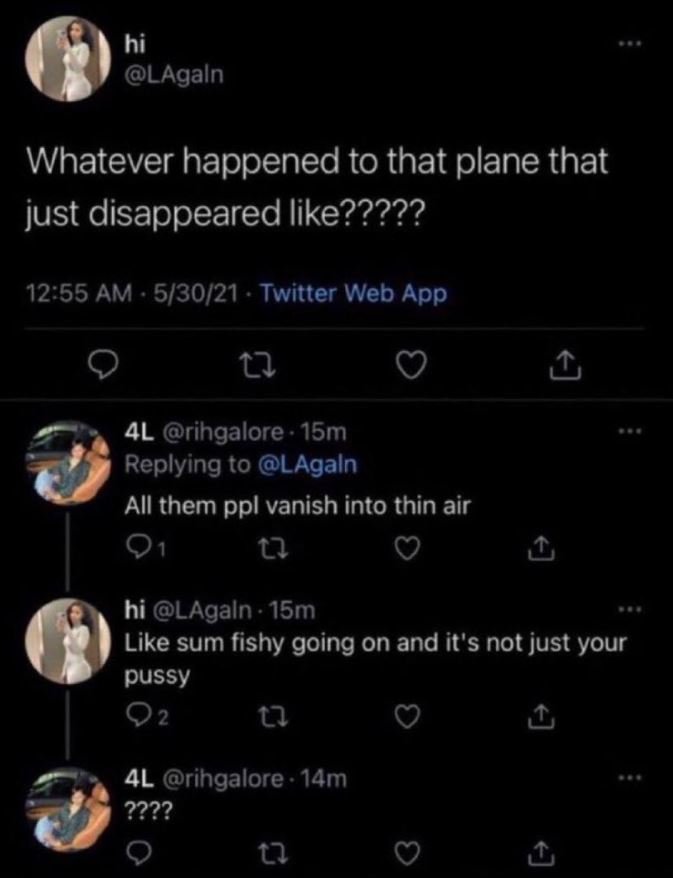 Hi lagaln whatever happened to that plane that just disappeared like????? 1255 a