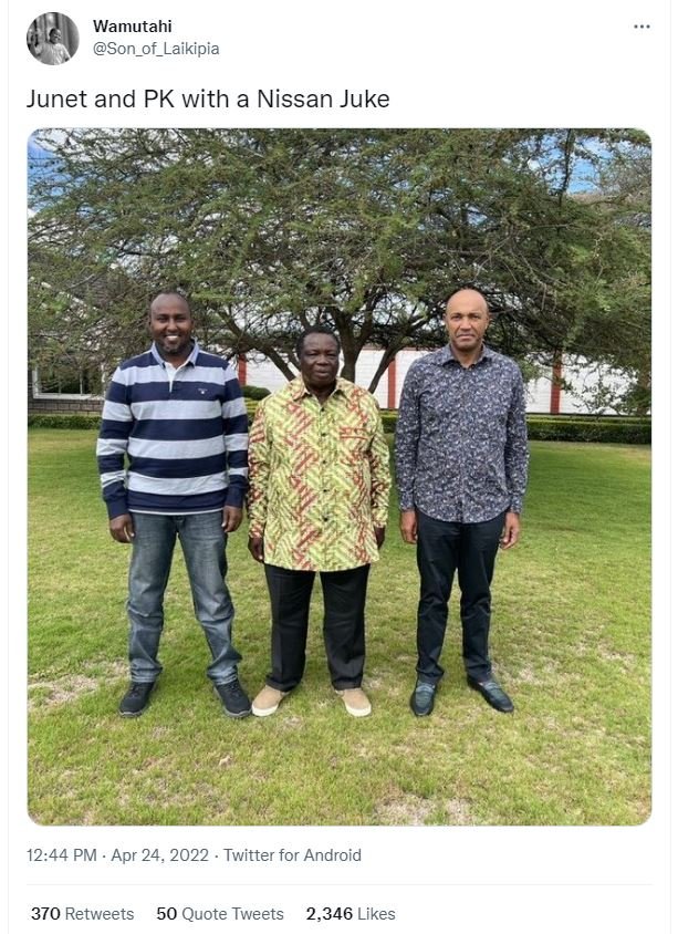 Wamutahi son_of_laikipia junet and pk with a nissan juke 12.44 pm . apr 24, twit