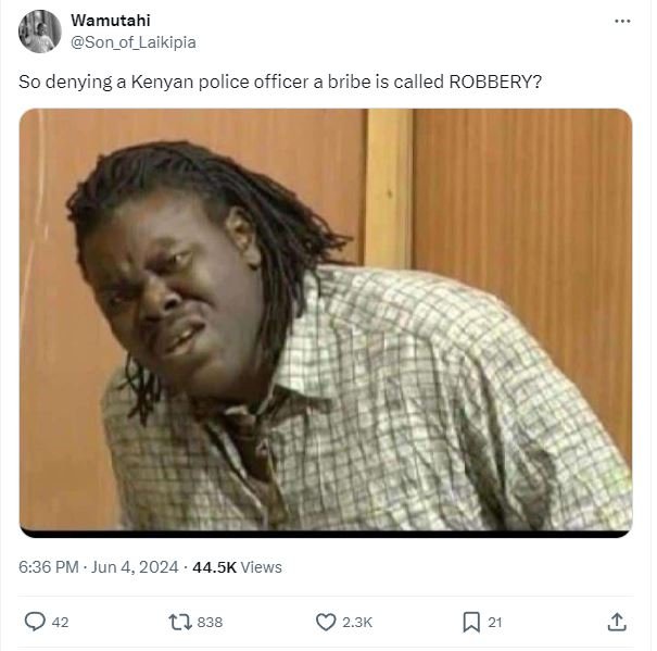 Wamutahi son_of_laikipia so denying a kenyan police officer a bribe is called ro
