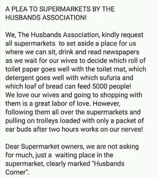 A plea to supermarkets by the husbands association! we, the husbands association