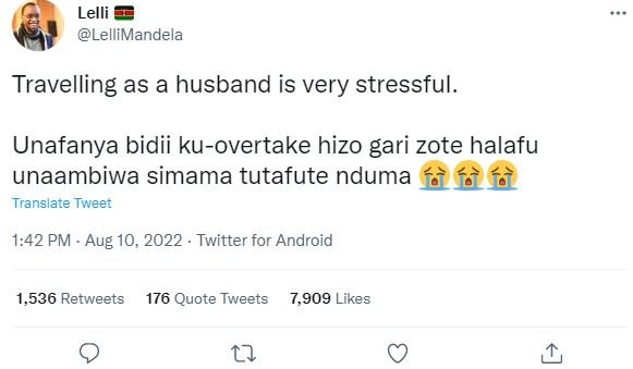Lelli lellimandela travelling as a husband is very stressful. unafanya bidii kuo