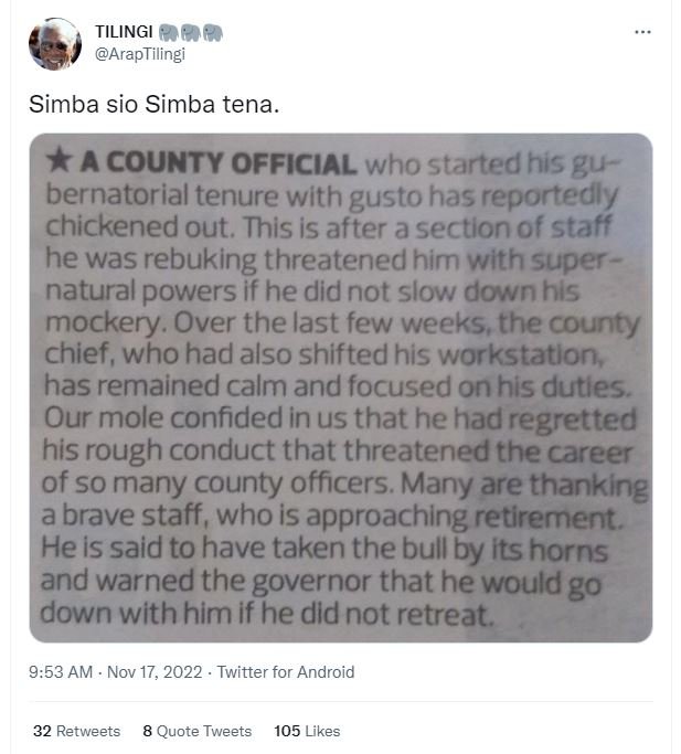 Tilingi 88e araptilingi simba sio simba tena a county official who startedhis gu