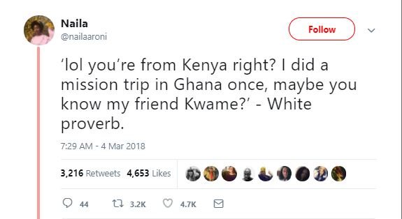Naila nailaaroni follow 'lol you're from kenya right? did a mission trip in ghan