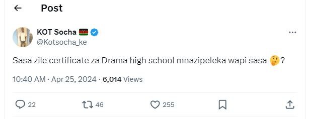 Post kot socha kotsocha_ke sasa zile certificate za drama high school mnazipelek