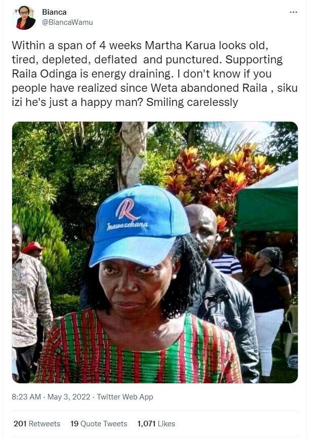 Bianca biancawamu within a span of 4 weeks martha karua looks old tired, deplete