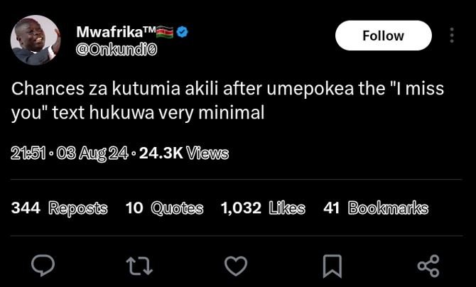 Mwafrikatm onkund follow chances za kutumia akili after umepokea the 'imiss you