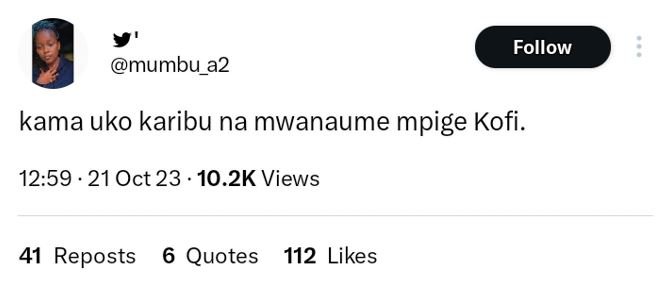 Follow mumbu_a2 kama uko karibu na mwanaume mpige kofi. 1259 21 oct 23 10.2k vie