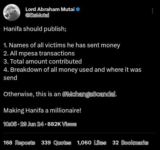 Lord abraham mutai itsmutai hanifa should publish 1. names of all victims he has