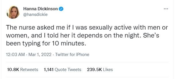 Hanna dickinson hansdickie the nurse asked me if was sexually active with men or