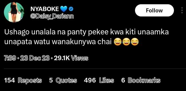 Nyaboke daisy _dariann follow ushago unalala na panty pekee kwa kiti unaamka una