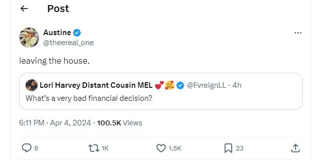 Post austine theereal_one leaving the house lori harvey distant cousin mel what'