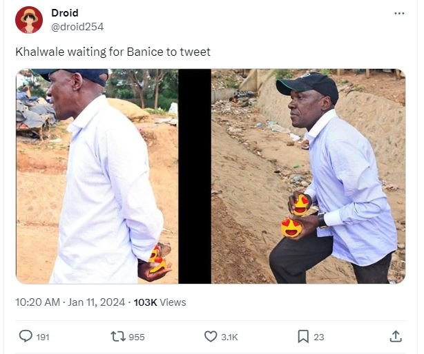Droid droid254 khalwale waiting for banice to tweet 10.20 am jan 11, 103k views
