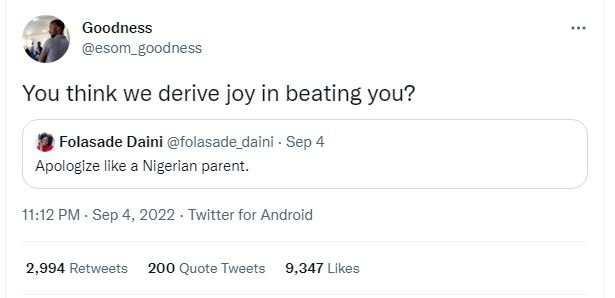 Goodness esom goodness you think we derive joy in beating you? folasade daini fo