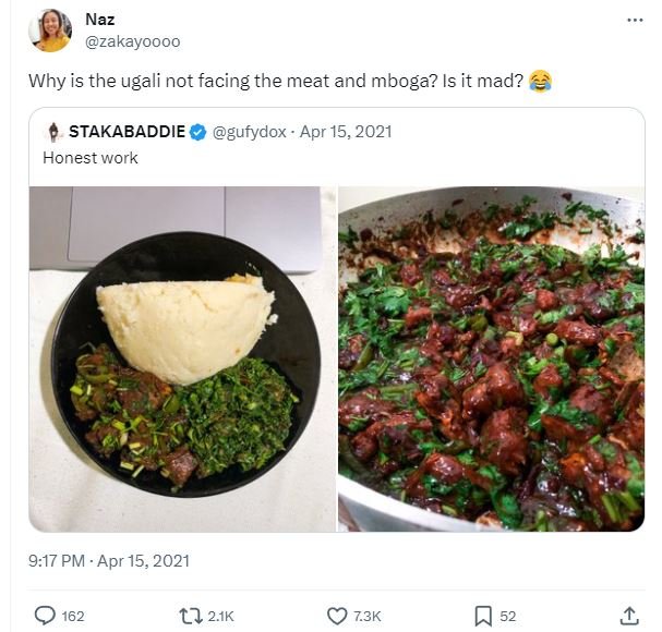Naz zakayoooo why is the ugali not facing the meat and mboga? is it mad? stakaba