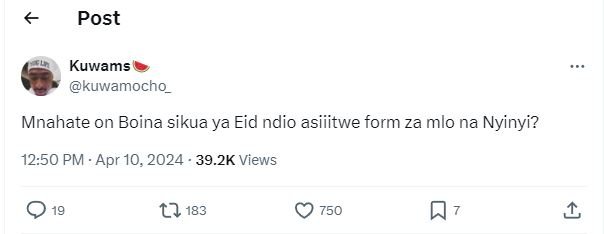 Post kuwams kuwamocho mnahate on boina sikua ya eid ndio asiiitwe form za mlo na