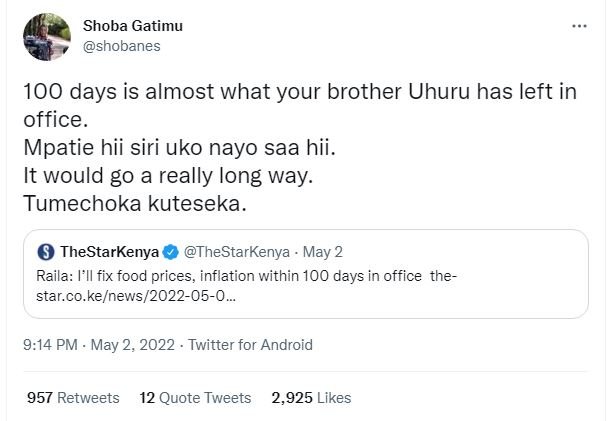 Shoba gatimu shobanes 100 days is almost what your brother uhuru has left in off