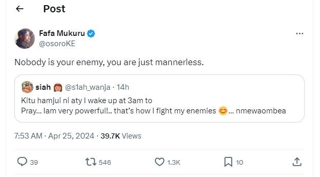 Post fafa mukuru osoroke nobody is your enemy you are just mannerless _ siah sla