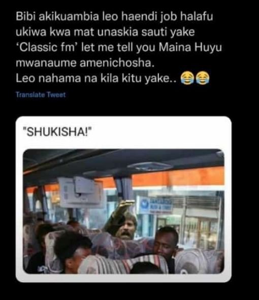 Bibi akikuambia leo haendi job halafu ukiwa kwa mat unaskia sauti yake 'classic