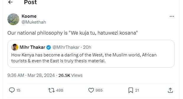 Post koome mukethah our national philosophy is we kuja tu, hatuwezi kosana mihr