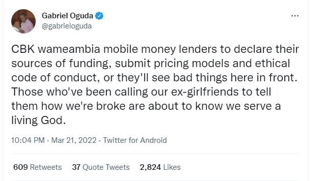 Gabriel oguda gabrieloguda cbk wameambia mobile money lenders to declare their s
