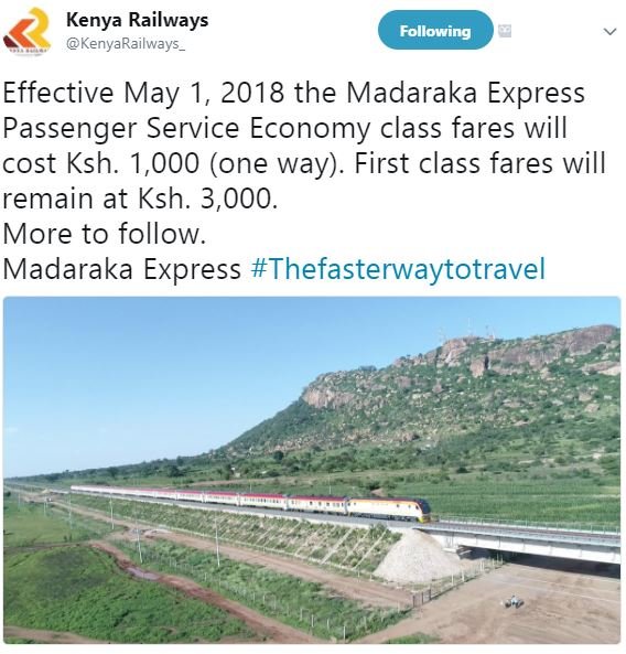 Kenya railways kenyarailways _ following effective may 1, the madaraka express p