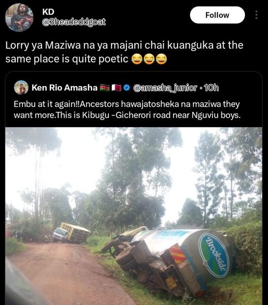 Kd 8headeddgoat follow lorry ya maziwa na ya majani chai kuanguka at the same pl