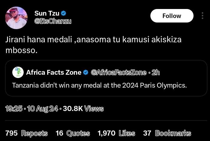 Sun tzu lschanzu follow jirani hana medali ,anasoma tu kamusi akiskiza mbosso_ a