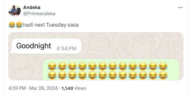 Andeka primeandeka hadi next tuesday sasa goodnight 454 pm 459 pm mar 28, 1,548