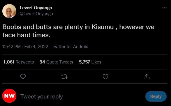 Levert Onyango LevertOnyango Boobs and butts are plenty in Kisumu however we fac