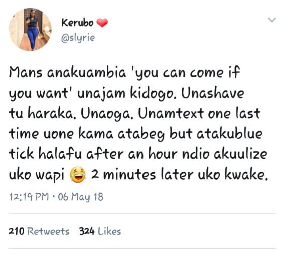 Kerubo slyrie mans anakuambia 'you can come if you wgnt' unajam kidogo. unashave