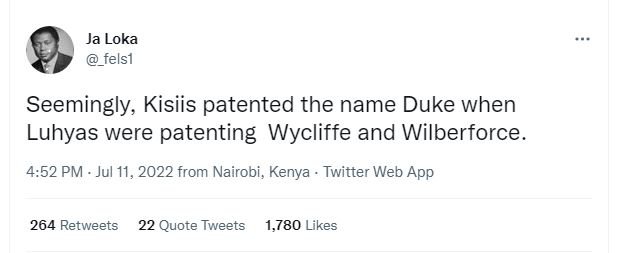 Ja loka telsi seemingly kisiis patented the name duke when luhyas were patenting