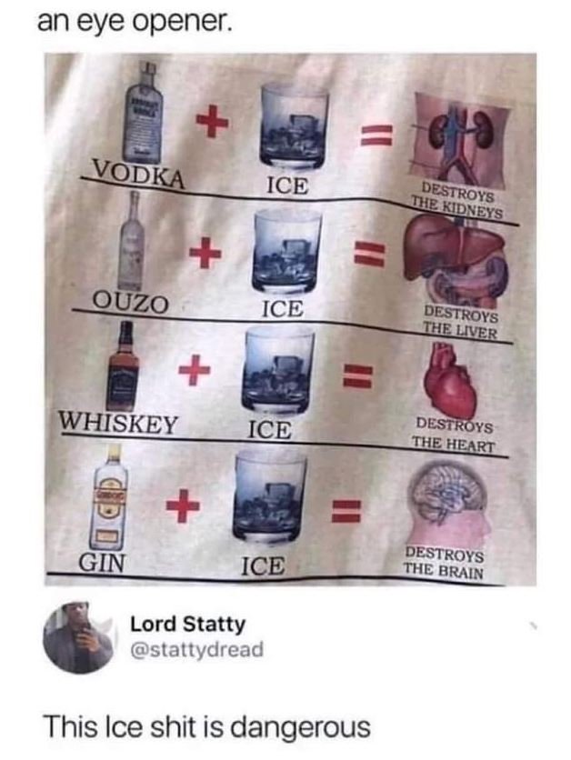 An eye opener. ice destroys we kdmeys uzo ice destroys ihe uver whiskey ice dest
