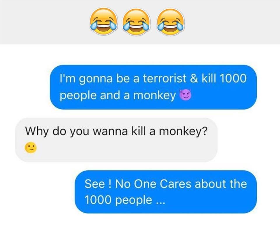 I'm gonna be a terrorist kill people and a monkey why do you wanna kill a monkey