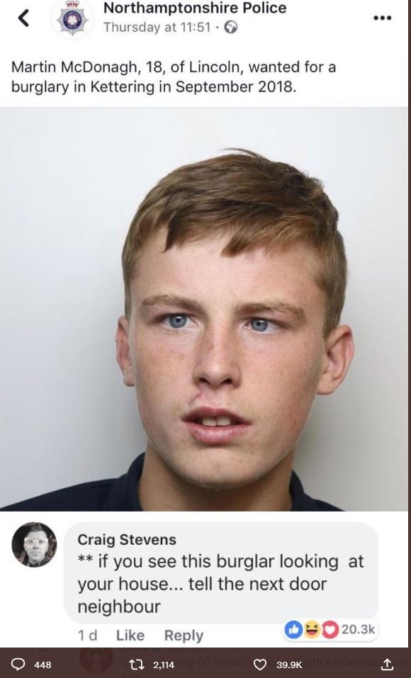 Northamptonshire police thursday at 1151 martin mcdonagh 18, of lincoln, wanted