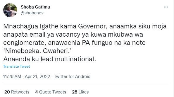 Shoba gatimu shobanes mnachagua igathe kama governor anaamka siku moja anapata e