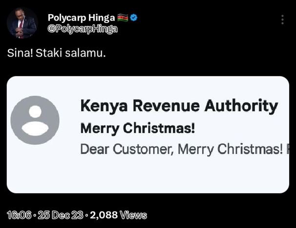 Polycarp hinga po carphlnga sina! staki salamu. kenya revenue authority merry ch