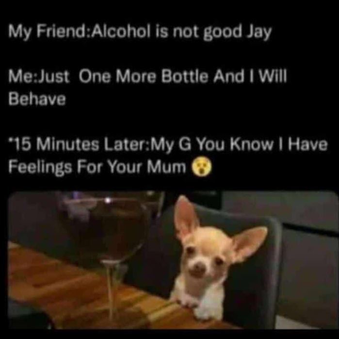 My friend alcohol is not good jay me just one more bottle and wiii behave '15 mi
