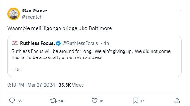 Ben doper menten _ waambie meli iligonga bridge uko baltimore ruthless focus rut