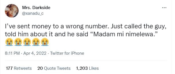 Mrs darkside xanadu _ fve sent money to a wrong number. just called the guy told