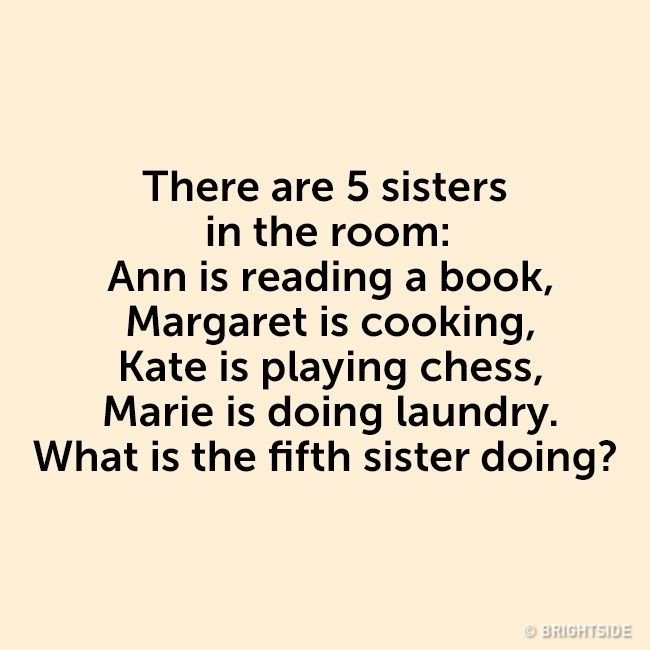 There are 5 sisters in the room ann is reading a book, margaret is cooking, kate