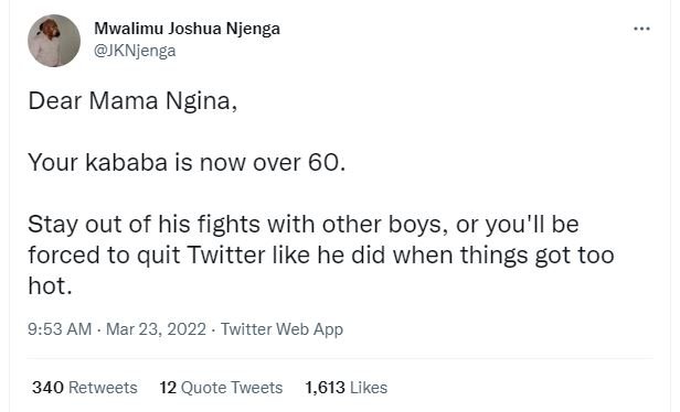 Mwalimu Joshua Njenga JKNjenga Dear Mama Ngina Your kababa is now over 60 Stay o