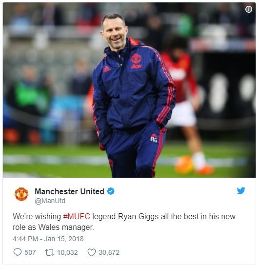 Manchester united manutd we' re wishing mufc legend ryan giggs all the best in h