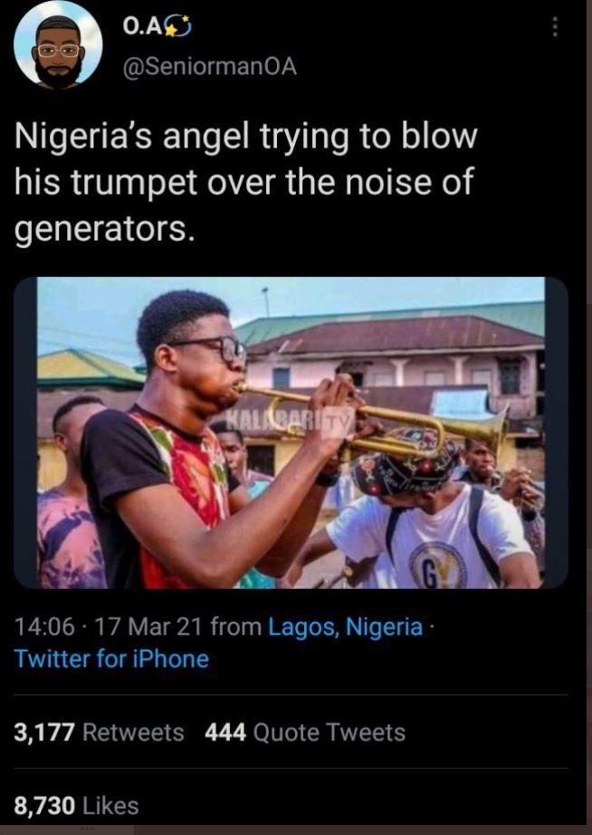 O.ao seniormanoa nigeria's angel trying to blow his trumpet over the noise of ge