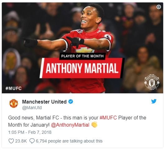 Player of the month anthony martial mufc manchester united manutd good news , ma