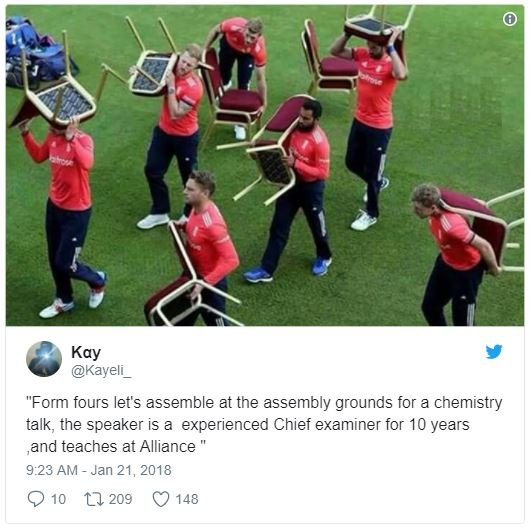 Kay kayeli form fours let's assemble at the assembly grounds for a chemistry tal