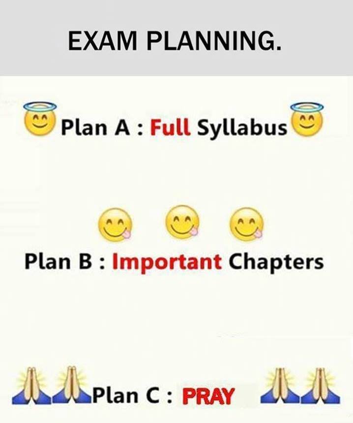 Exam planning. plan a full syllabus plan b important chapters adplan pray l