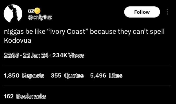 Follow onlyíuz n'ggas be like ivory coast because they can't spell kodovua 228 2