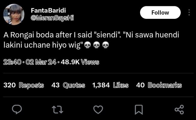 Fantabaridi meransayshf follow a rongai boda after i said siendi ni sawa huendi